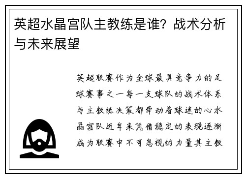 英超水晶宫队主教练是谁？战术分析与未来展望